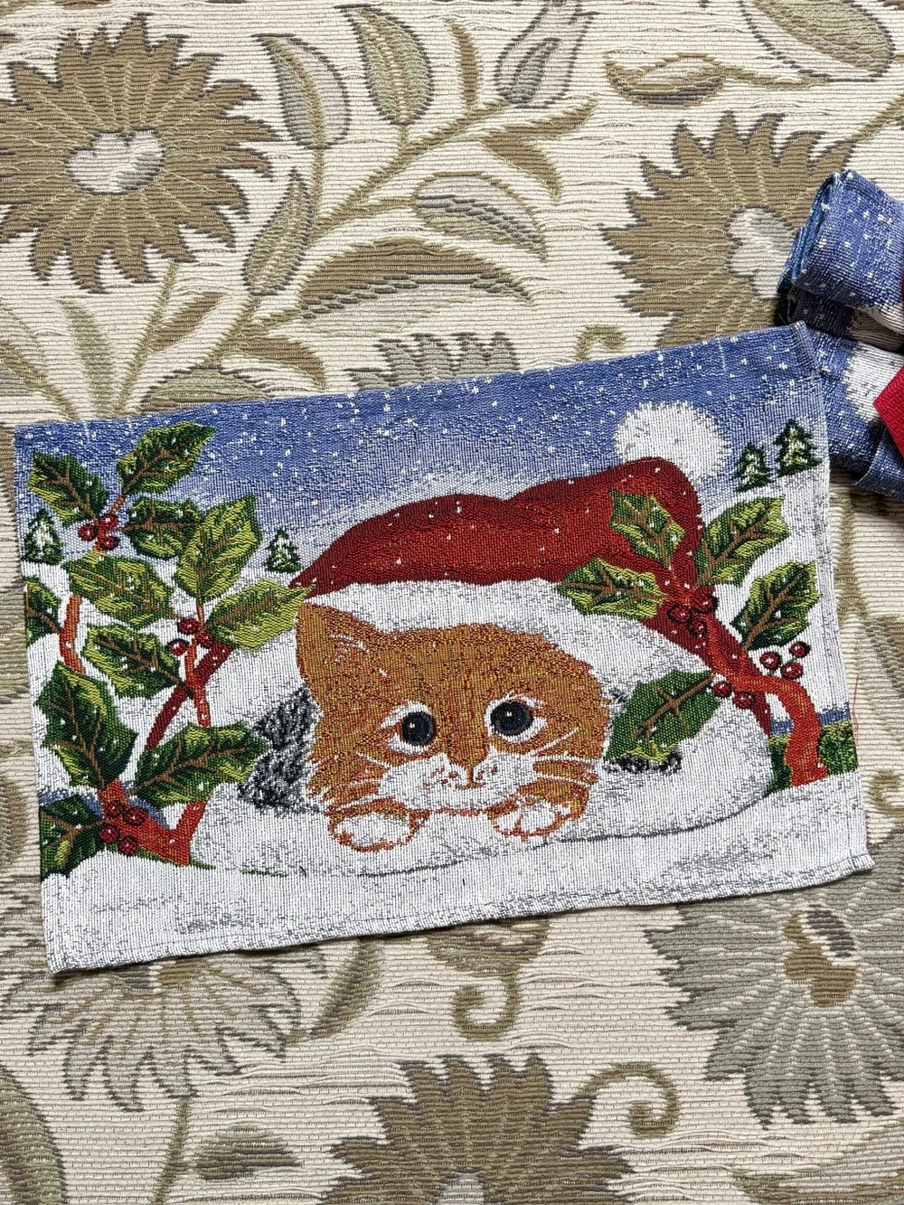 Christmas Placemats with Tote Bag Holiday Tapestry Kitten Cat New